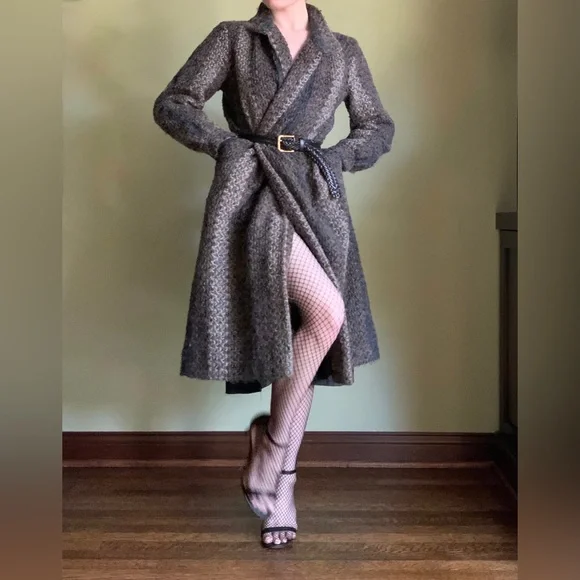 Striped Mohair Coat, Vintage Retro Open Front Coat, Petite - Picture 1 of 8